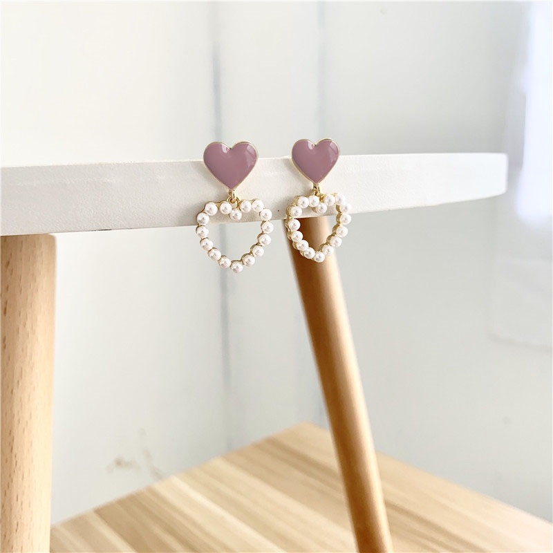 Anting Tusuk Sterling Silver 925 Desain Hati Hias Mutiara Ungu Gaya Korea Untuk Wanita 2020