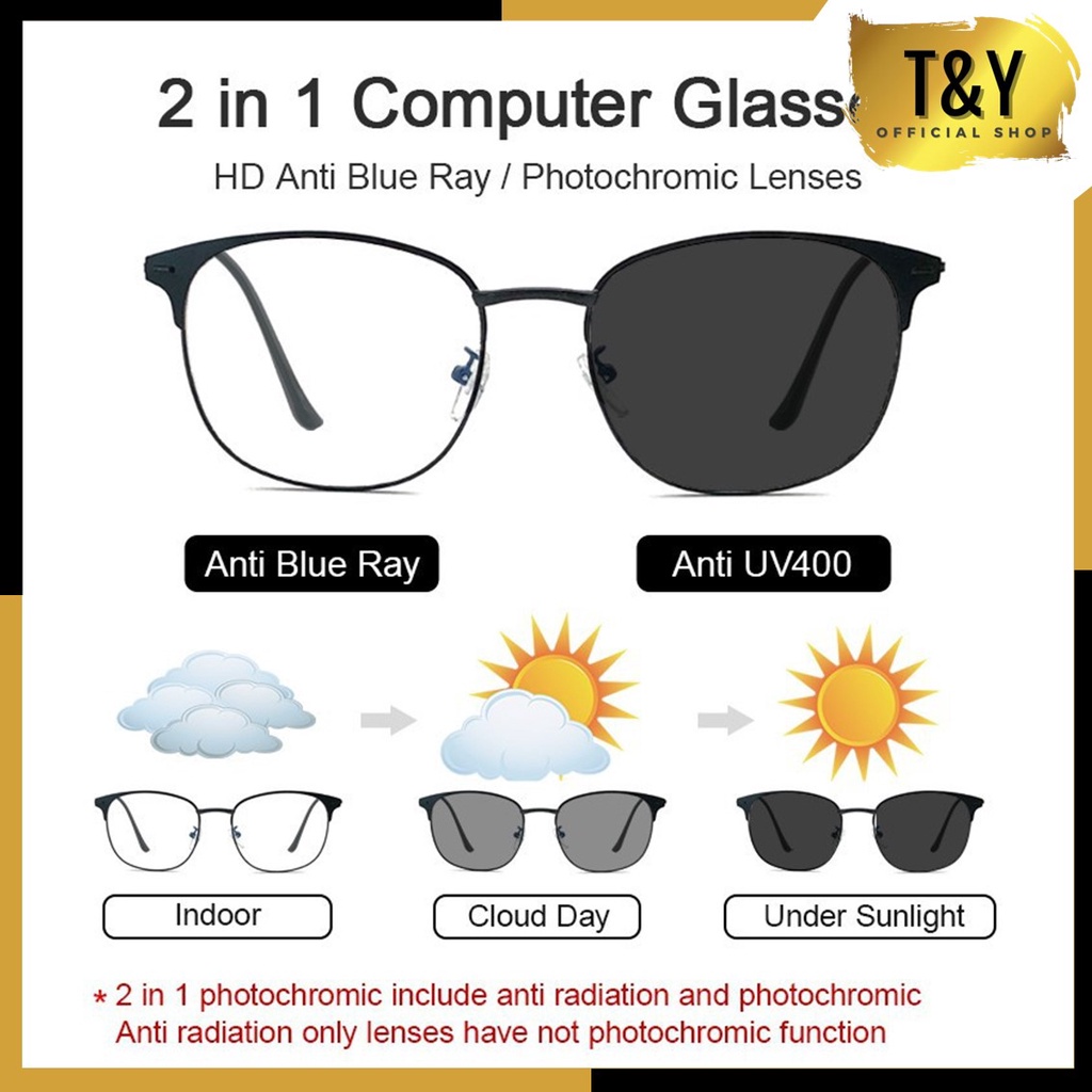 T&amp;Y Kacamata Photocromic Anti Radiasi 6520 Kaca Mata Wanita Pria Anti Silau Sunglasses Korean Style Photochromic Murah Import