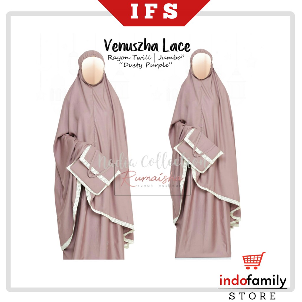 [IFS] Mukena Dewasa Venuszha Lace Warna Dusty Purple By Nadia Collection Bahan Rayon Twill Adem
