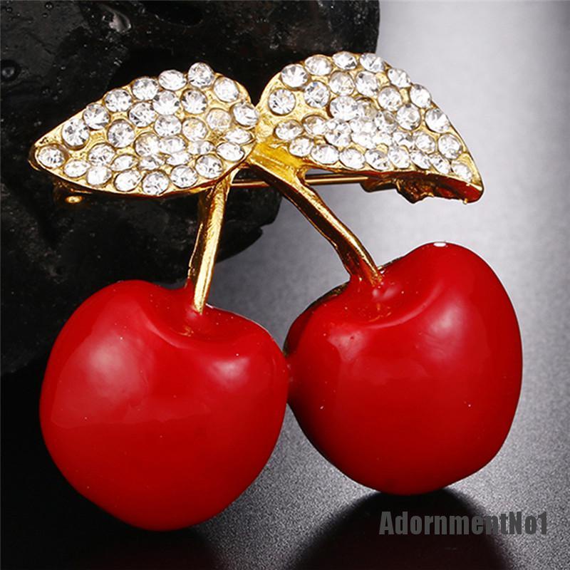 (Adornmentno1) Bros Pin Enamel Ceri Merah Hias Kristal Berlian Imitasi Untuk Wanita