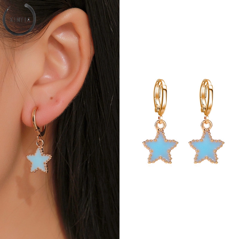 Korea Biru Anting-anting Pentagram Manis Temperamen Geometri Biru