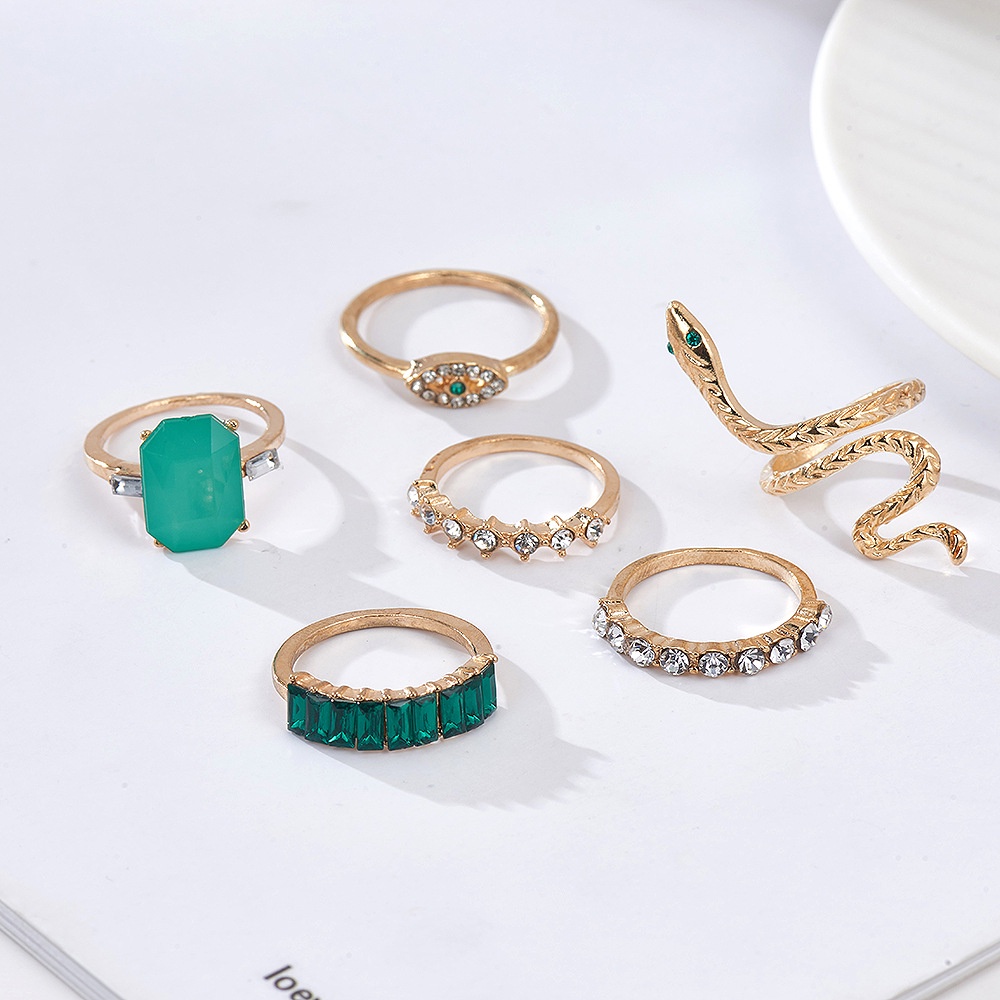 6pcs / Set Cincin Jari Wanita Desain Ular Hias Zircon Hijau Berlian Imitasi Untuk Pesta Pernikahan