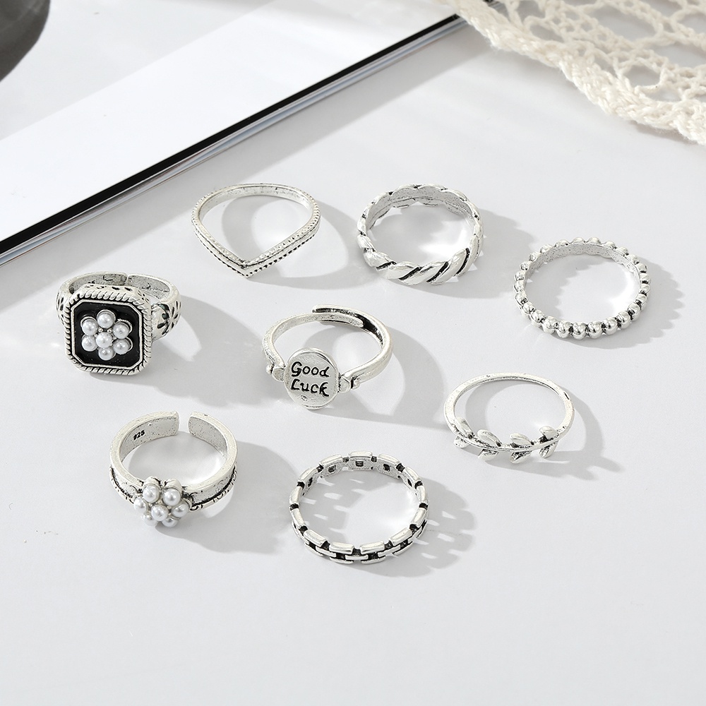 8pcs / Set Cincin Rantai Vintage Bentuk Bunga / Daun / Mutiara Untuk Wanita