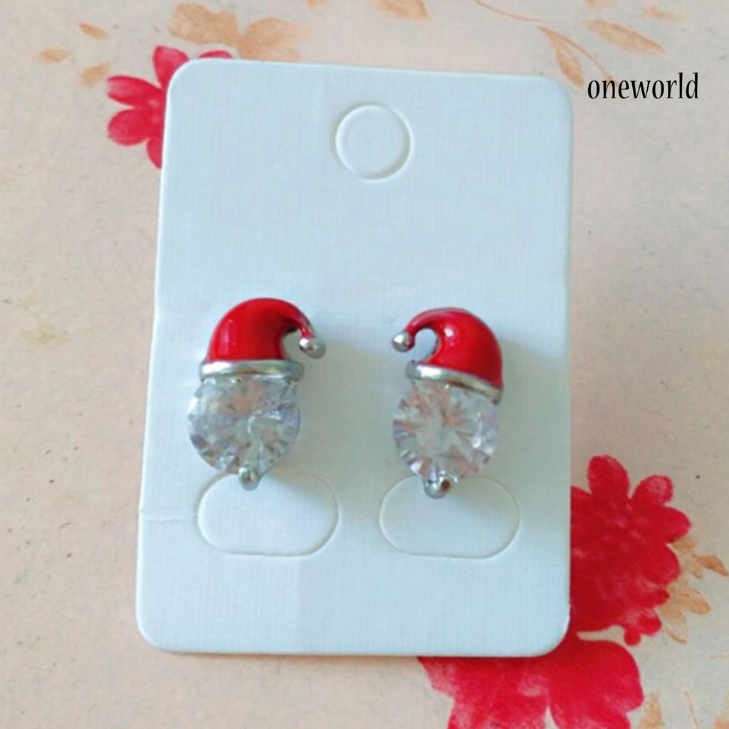 OW@ Earrings Christmas Hat Design Exquisite Alloy Rhinestones Inlaid Ear Studs for Women