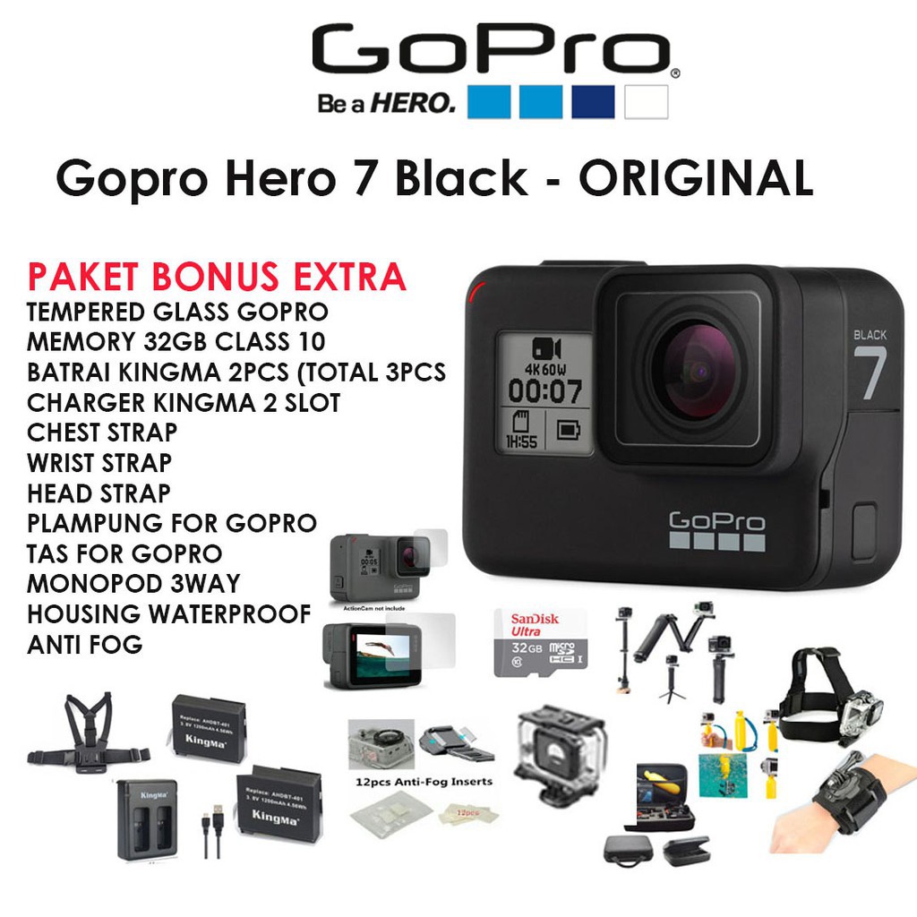 GOPRO HERO 7 BLACK PAKET BONUS 12 ITEM - GOPRO HERO7 BLACK