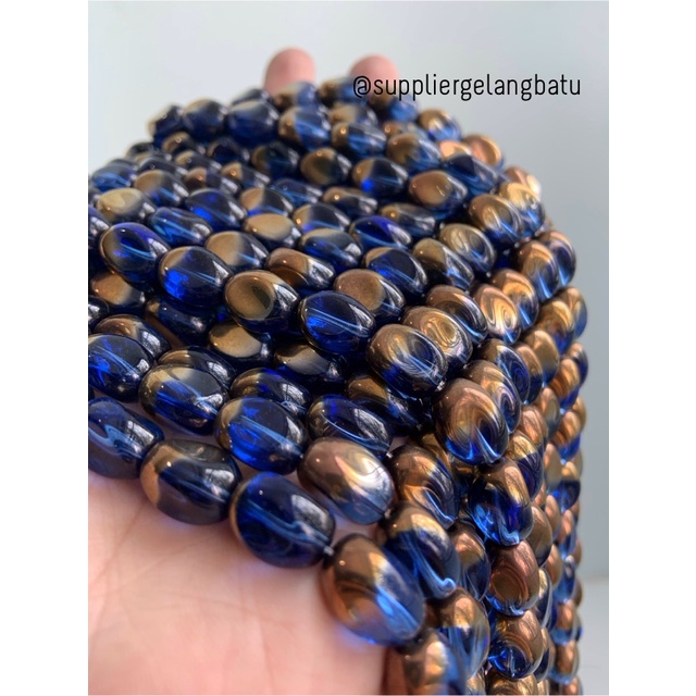 kristal CEKO KACANG GOLD BLUE quartz 10mm BIRU emas manik oval cutting