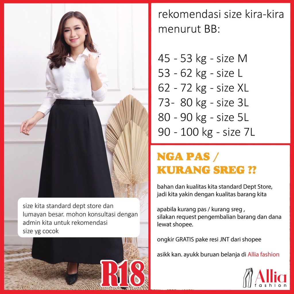 ALLIA R18 - DARK GREY - M - 7L - Rok A Wanita - Rok Panjang Wanita - Rok kerja wanita