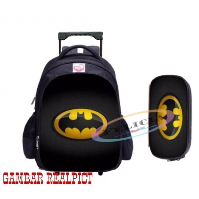 Tas Ransel Troli Anak Karakter Superhero/ Tas Ransel Trolley Dorong Anak Laki-laki Free Pouch [BISA COD]