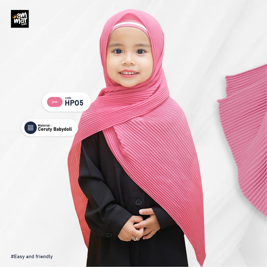 Ammarkids - Kerudung Anak- Illaya Pashmina Plisket Instant - Pink - Termasuk Ciput