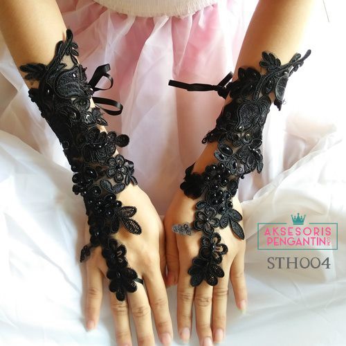 [BISA COD] AKSESORIS PENGANTIN SARUNG TANGAN HITAM WEDDING GLOVES BROKAT STH004