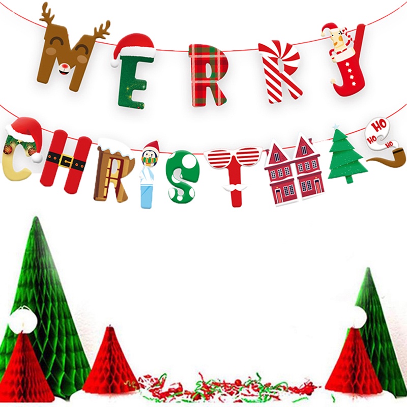 【Theredsunrisesiwy.id】1PCS Merry Christmas Banner Wall Hanging Garland Xmas Tree Pattern Bunting Flag