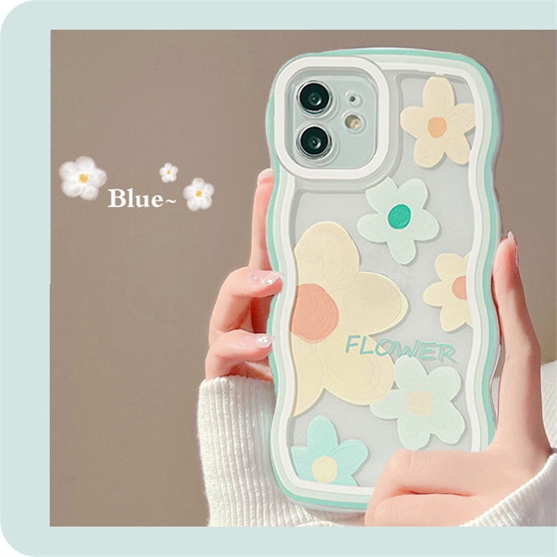 Soft Case Silikon Transparan Motif Bunga Hijau Untuk Compatible for iPhone 14 13 12 11 Pro Max X Xr Xs Max SE iPhone 8 7 6 6s Plus Flower Green Wave Edge Clear Phone Case Soft Silicone Shockproof Phone Protective Cover