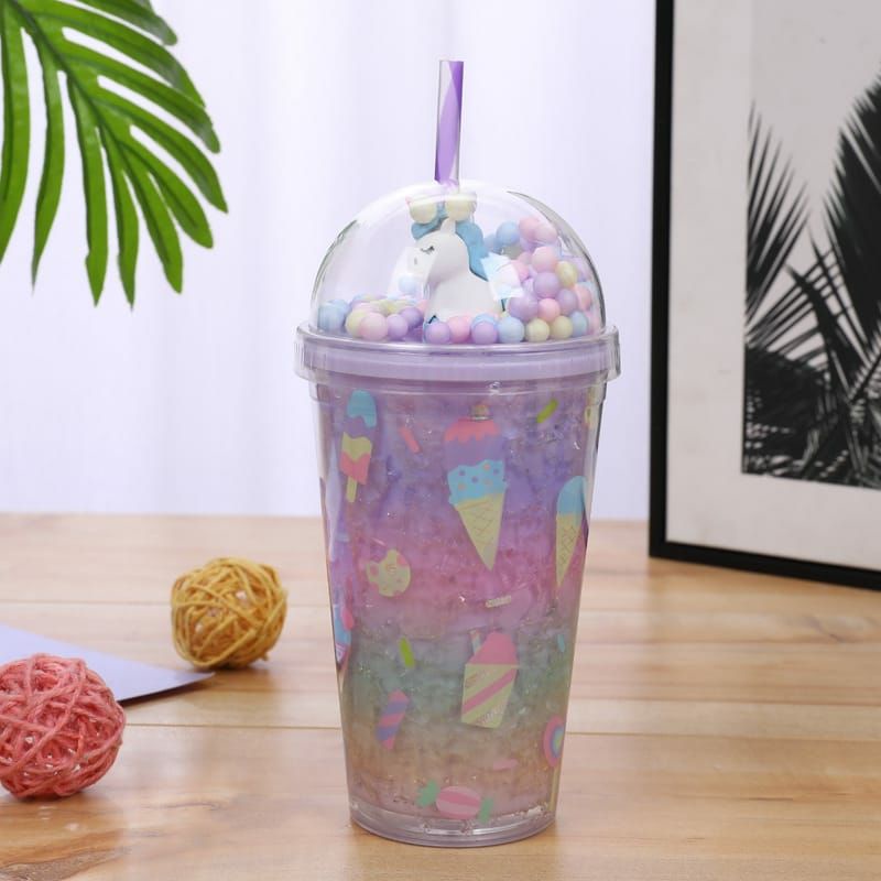 Tumbler Unicorn Gelas GLITTER Sedotan Bubble Rainbow Sparkle Blink Kristal Unik Double Wall Cup Glass Tempat Minum Hologram Design Gelas Lampu Unik Light Glass Bottle Straw Cup-Ungu