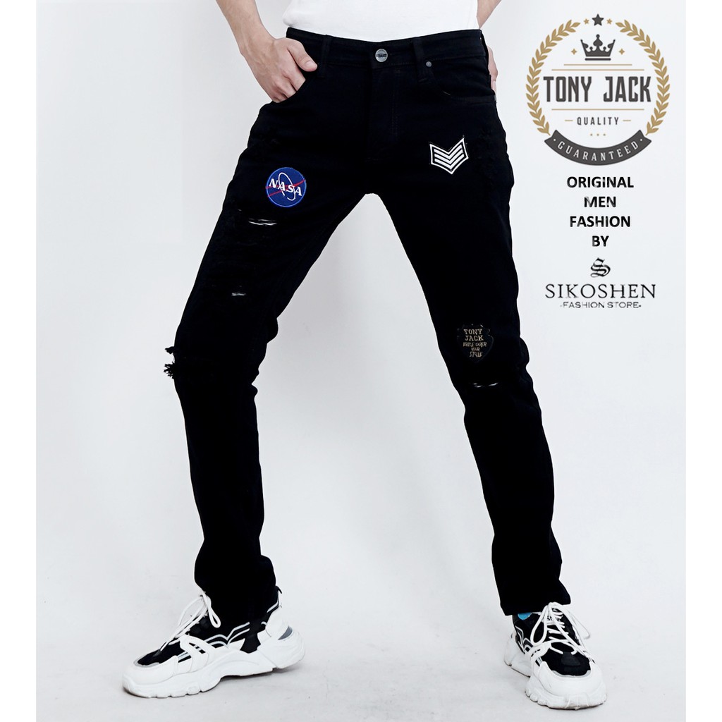 Celana Jeans Pria Sobek Hitam Original TONY JACK model slim fit