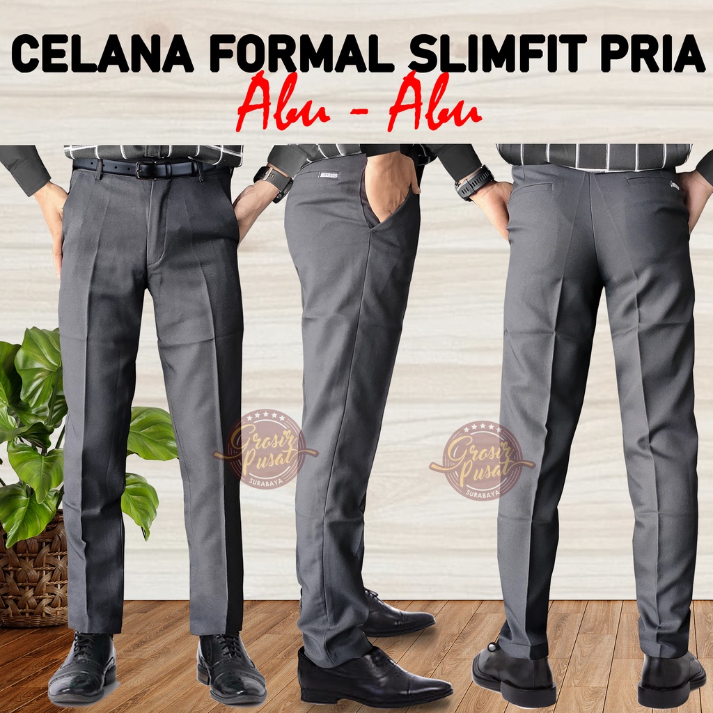 Celana Kerja Panjang Formal Slim Fit Kantor Pria Abu 27 - 38