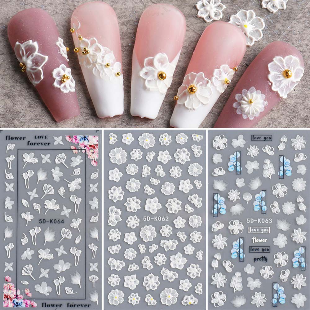 MXBEAUTY Black And White 5D Engraved Nail Sticker White Embossed Flower DIY Nail Art Design Nail Art Decoration Hollow Three-dimensional Lace Flower Design Sliders Decals Manicure Accessories