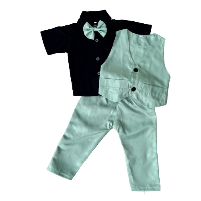 setelan mint tuxedo vest jas formal anak laki-laki 1 2 3 4 5 6 7 8 9 10 bulan ulang tahun pakaian pesta baju bayi kondangan hijau green sage rompi