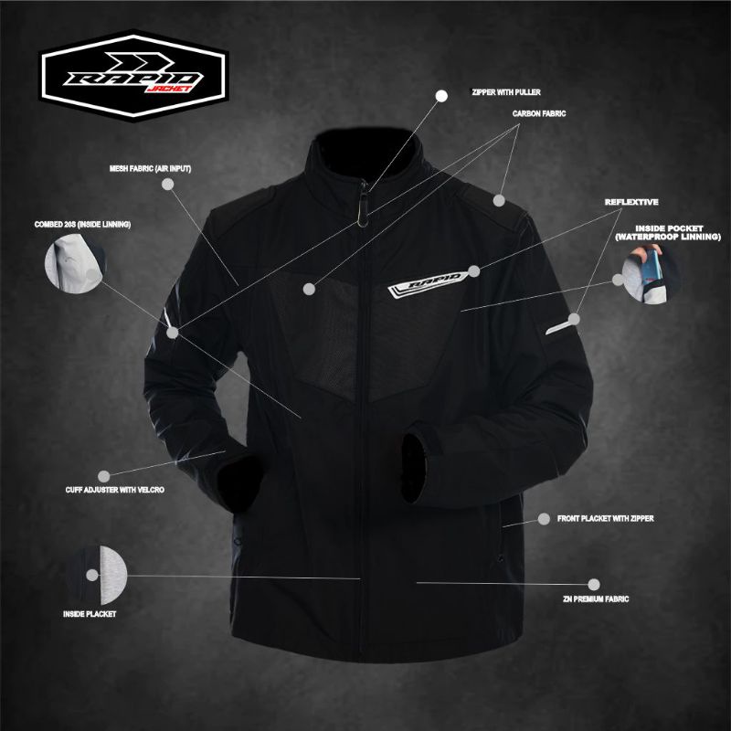 Jaket motor riding RAPID BLACKHAWK pria parasit premium jacket reflektif variasi motif carbon