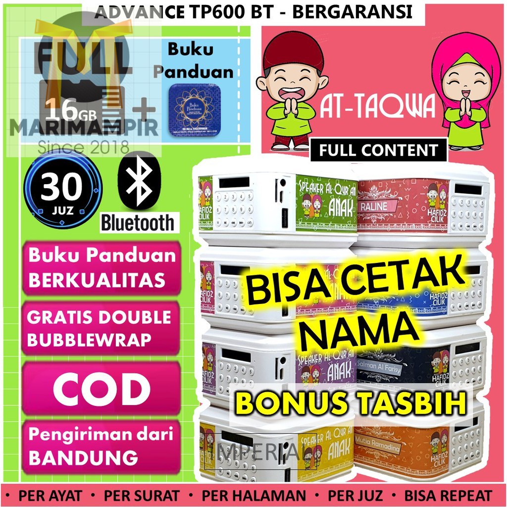 Marimampir SPEAKER AL QURAN ANAK 16GB FULL CLASS 10/ SPEAKER MUROTTAL ADVANCE TP 600 BT/ SOMAD