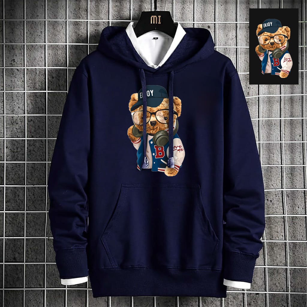 INDOSAN-SWEATER HOODIE BEAR ENJOY-HOODIE DISTRO BAHAN FLEECE MOTIF GAMBAR DTF PRINTING-REAL PICT-BISA COD