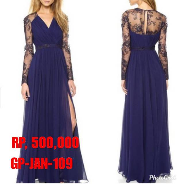 Gaun Pesta Lengan Panjang Sifon Renda Brocade wedding malam / baju pesta  malam dress hitam