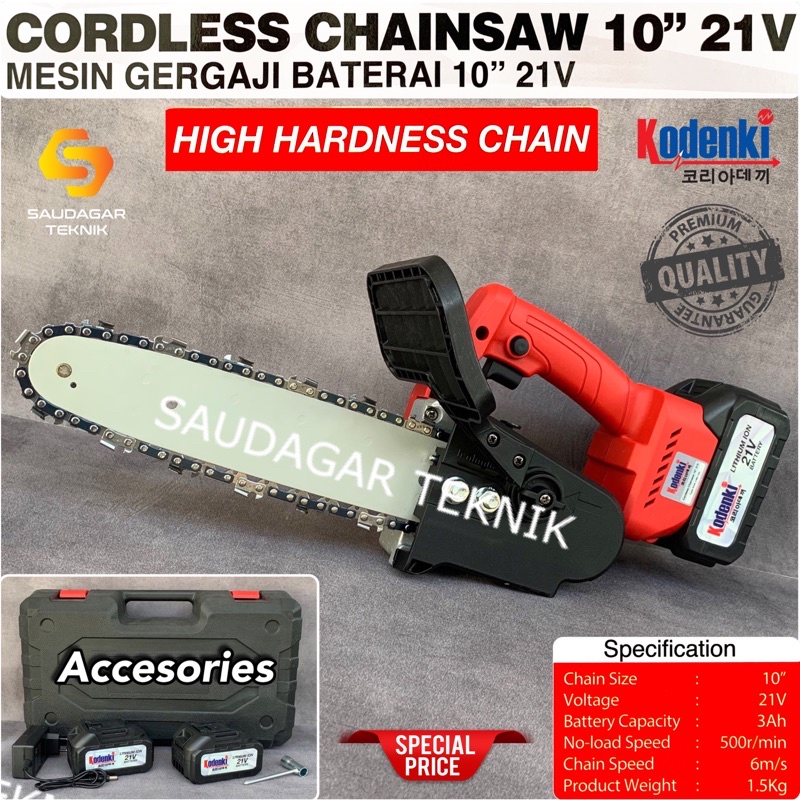 Chainsaw Cordless 21V 10 Inch Kodenki Mesin Chain Saw Gergaji Potong Kayu Pohon Baterai Batre Portable