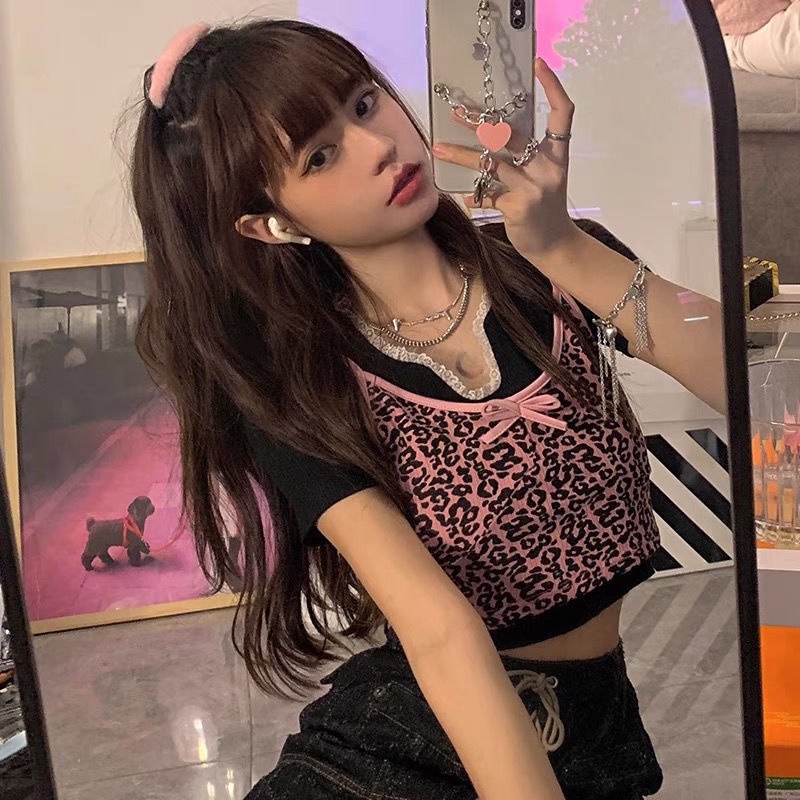 2021 baru musim panas ins net merah retro goreng street leopard print rompi pendek wanita suspender