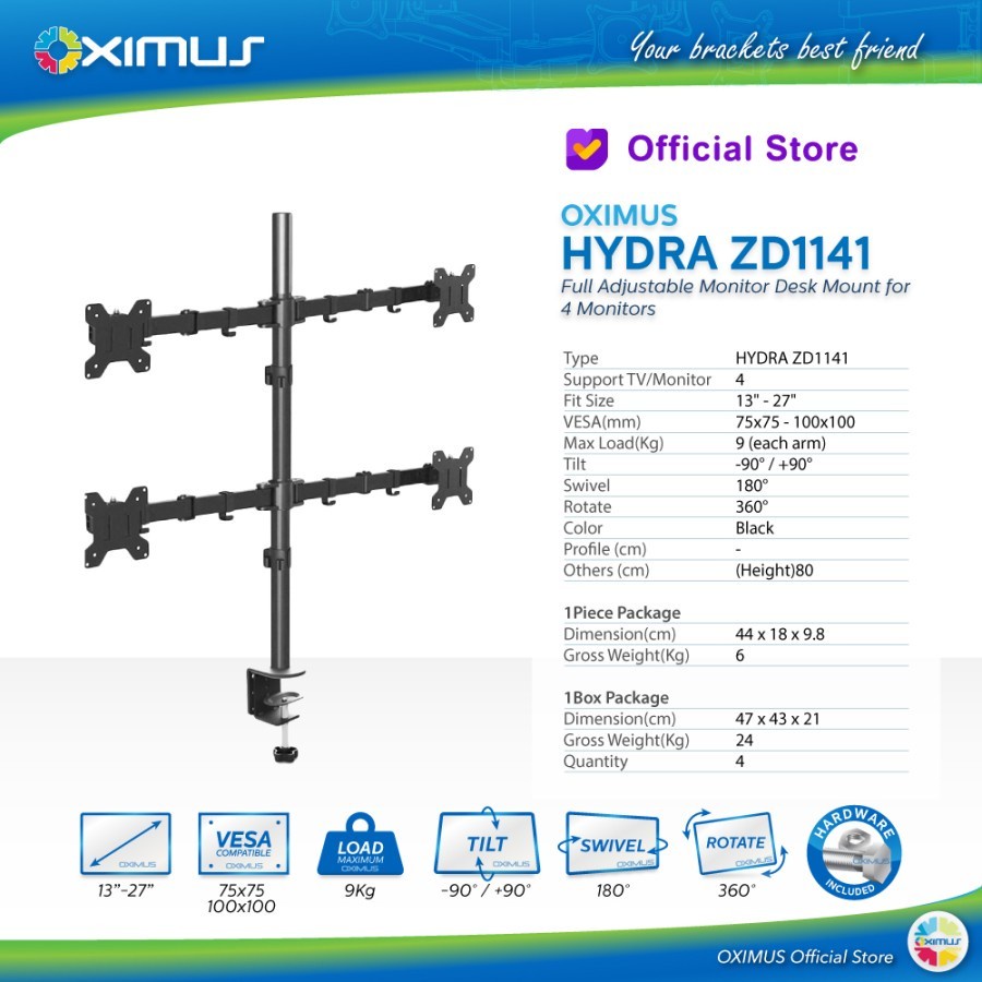 Bracket Monitor OXIMUS HYDRA ZD1141 | 4 Monitor LCD LED Jepit Meja