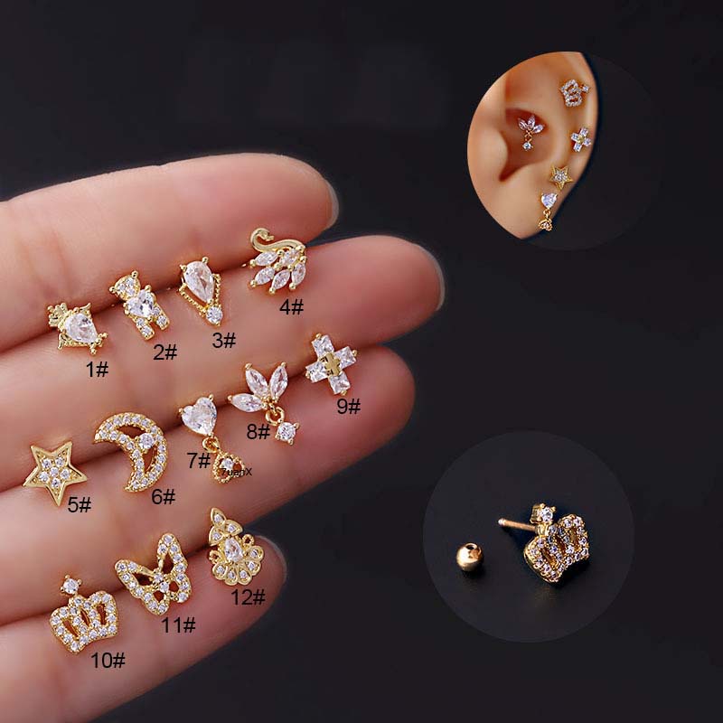 1pc Anting Tusuk Bentuk Bintang / Bulan / Gagak Bahan Stainless Steel 20Gauge