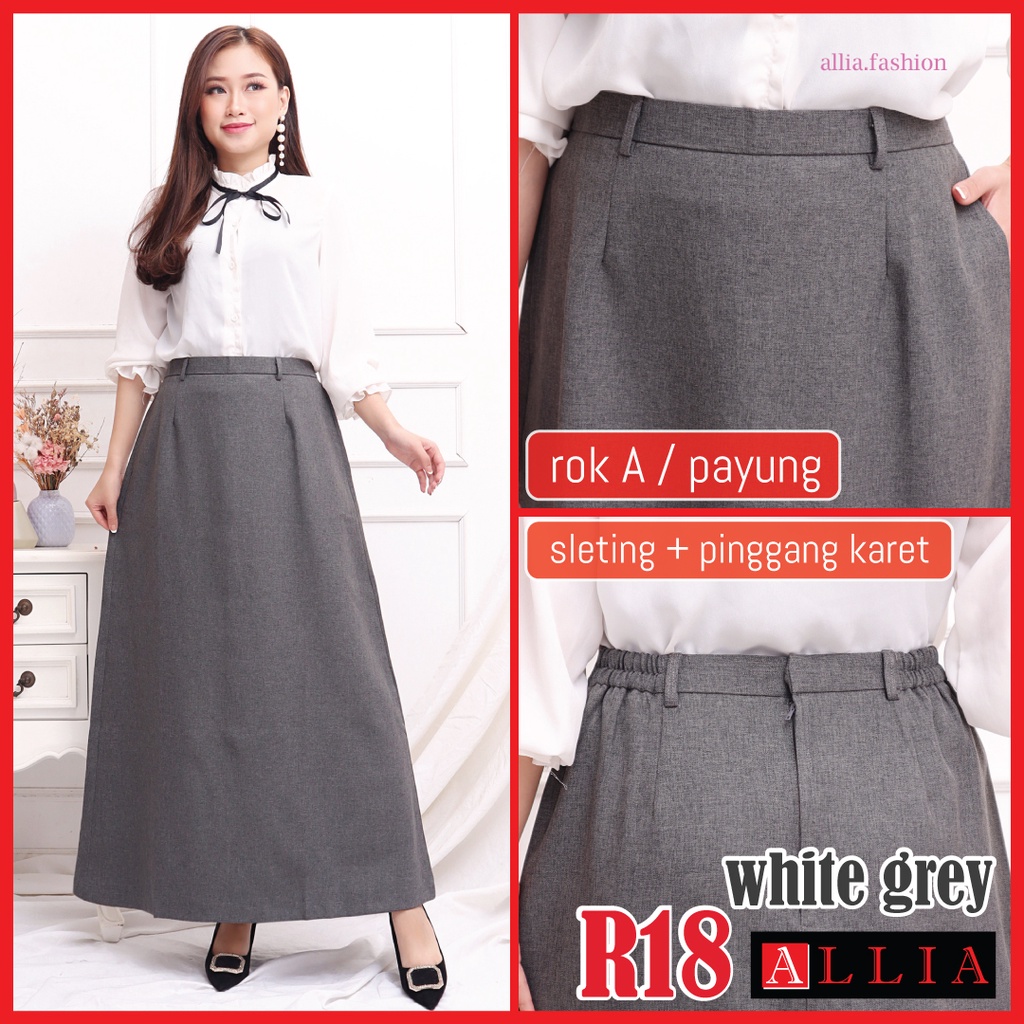 Rok A Line / ALLIA R18 White Grey M - 7L / Rok Payung Jumbo / Rok kerja Wanita