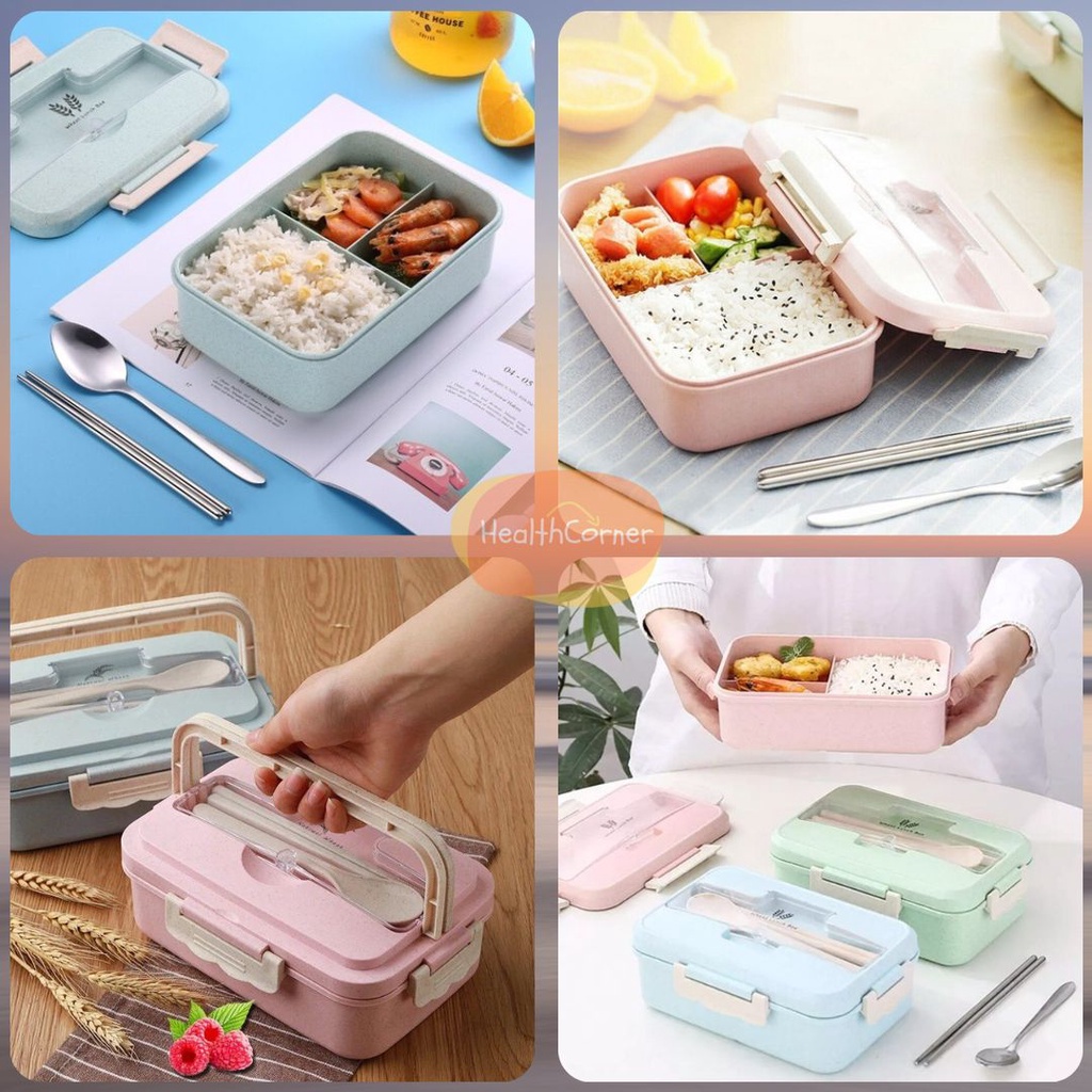Lunch Box Kotak Makan Jerami Gandum Wheat Lunchbox Tempat Bento Alat Sendok Set