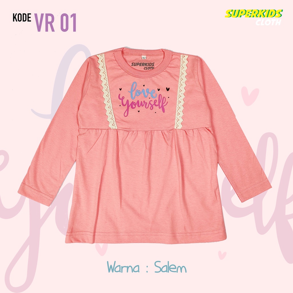 BAJU ANAK PEREMPUAN / KAOS ANAK PEREMPUAN / PAKAIAN ANAK CEWEK KAOS ANAK CEWEK LENGAN PANJANG VARIASI RAMPEL RUFFLE RENDA SALEM LOVE YOUR SELF ECER GROSIR BRAND SUPERKSIDCLOTH 1 - 11 TAHUN