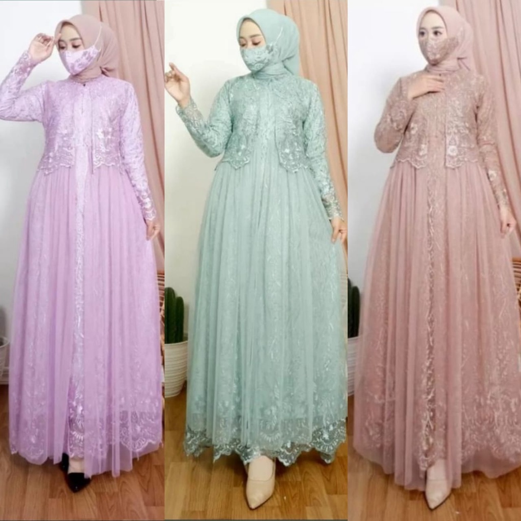 (REALPICT)GAMIS FULL BRUKAT KOMBINASI TILE MUTIARA MUSLIMAH/GAMIS PESTA TERBARU MODEL ROMPI SELENDAN