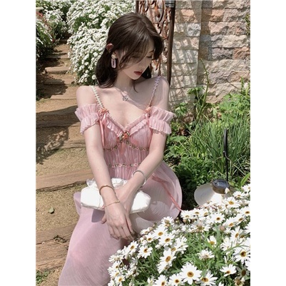 Mini Dress Pink v-neck lengan pendek suspender dress wanita musim panas murni keinginan high-end tem