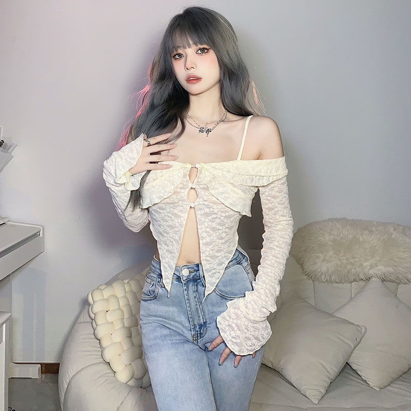 Prove kekinian atasan crop top French pure desire girl niche thin suspender T-shirt female ins net red chic hollow top summer baju import kaos wanita korean style