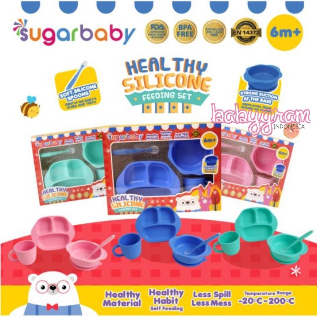 Sugarbaby ISI 3 / ISI 4 Feeding Set Silicone Sugar Baby Peralatan Makan