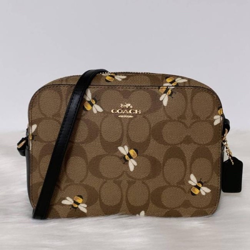 Coach Camera New Mini Signature Canvas With Bee Print / Brown Crossbody bag (C8671)