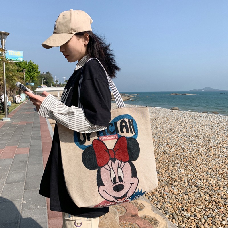 BAO001 Disney Totebag Canvas Kanvas Wanita Lucu Mickey Minnie Mouse Donald Totebag Kanvas Tas Karakter Tas Bahu student shopping bag shoulder bag embroidered bag