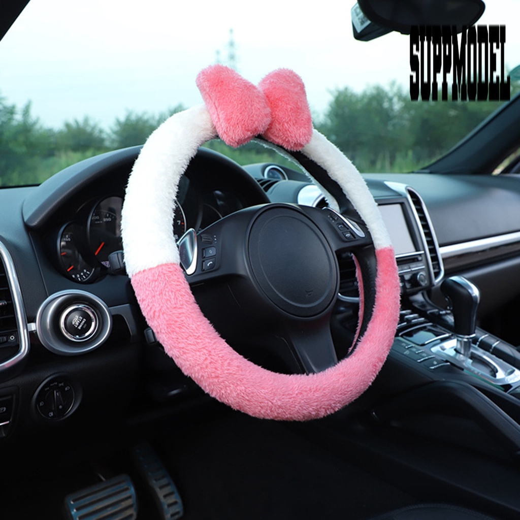 Cover Setir Mobil Universal Bahan Plush Super Lembut Hangat Aksen Pita