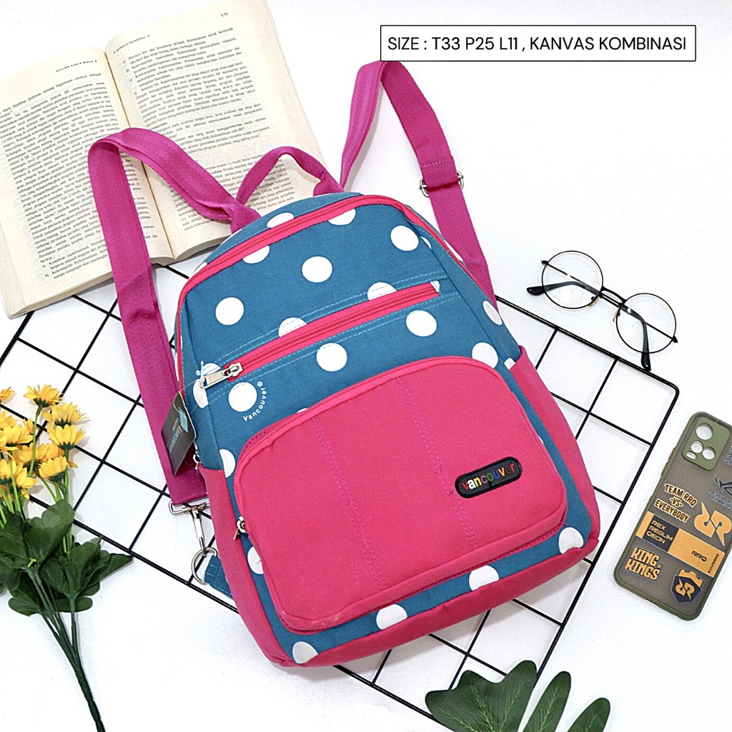 Bayar ditempat - Ransel backpack multifungsi tas punggung kecil murah simpel banyak kantong polkadot