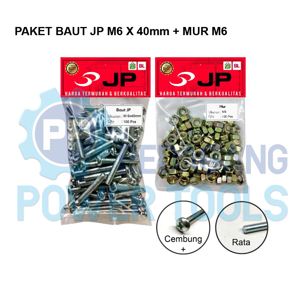 PAKET 2 SET BAUT MUR 6x40 BAUT JP M 6 x 40 MM MUR M6 SKRUP ISI 100 PCS