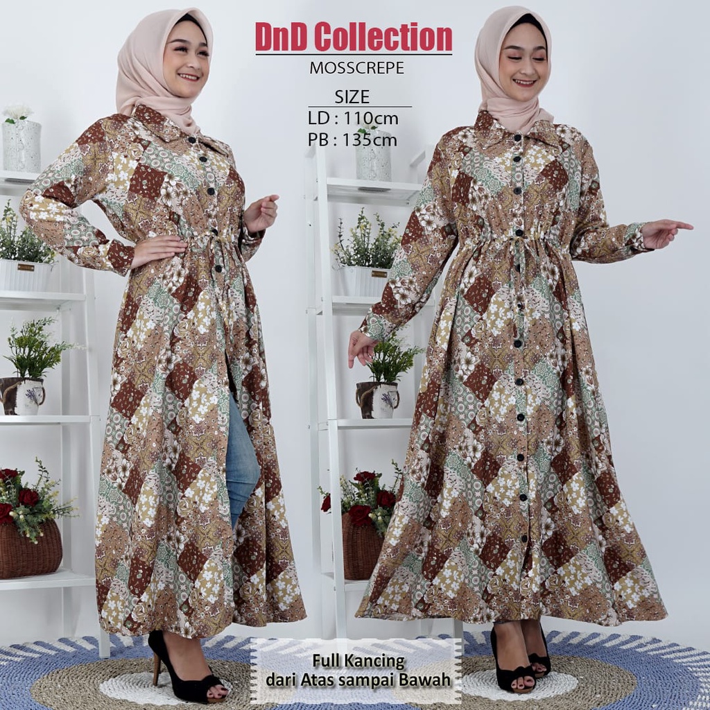 Gamis Full Kancing Hidup Motif Kotak Abstrak Bahan Moscrepe
