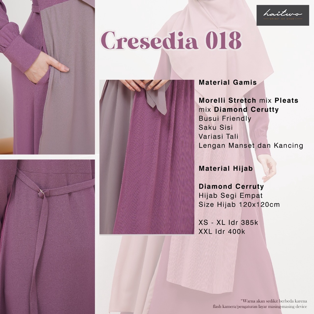 Haitwo Cresedia 018 Gamis Syar'i set Hijab Bahan Morelli Stretch mix Pleats mix Diamond Cerutty Dress Muslimah