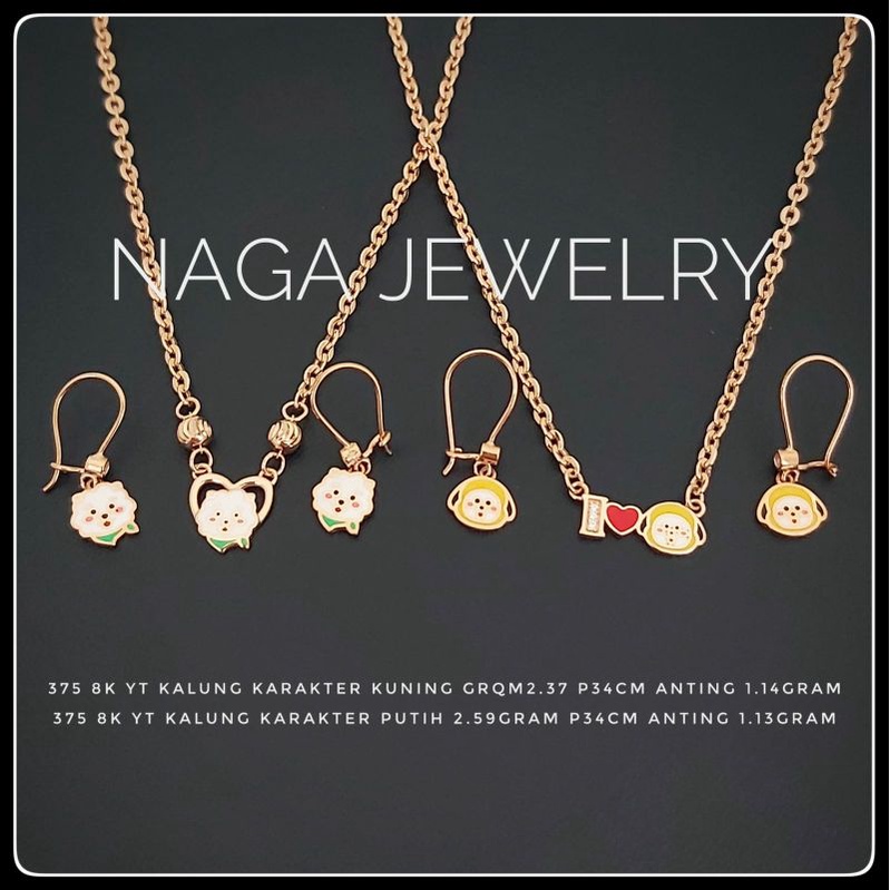 BTS KALUNG & ANTING BONEKA YELLOWBLUE EMAS KADAR 300 & 375