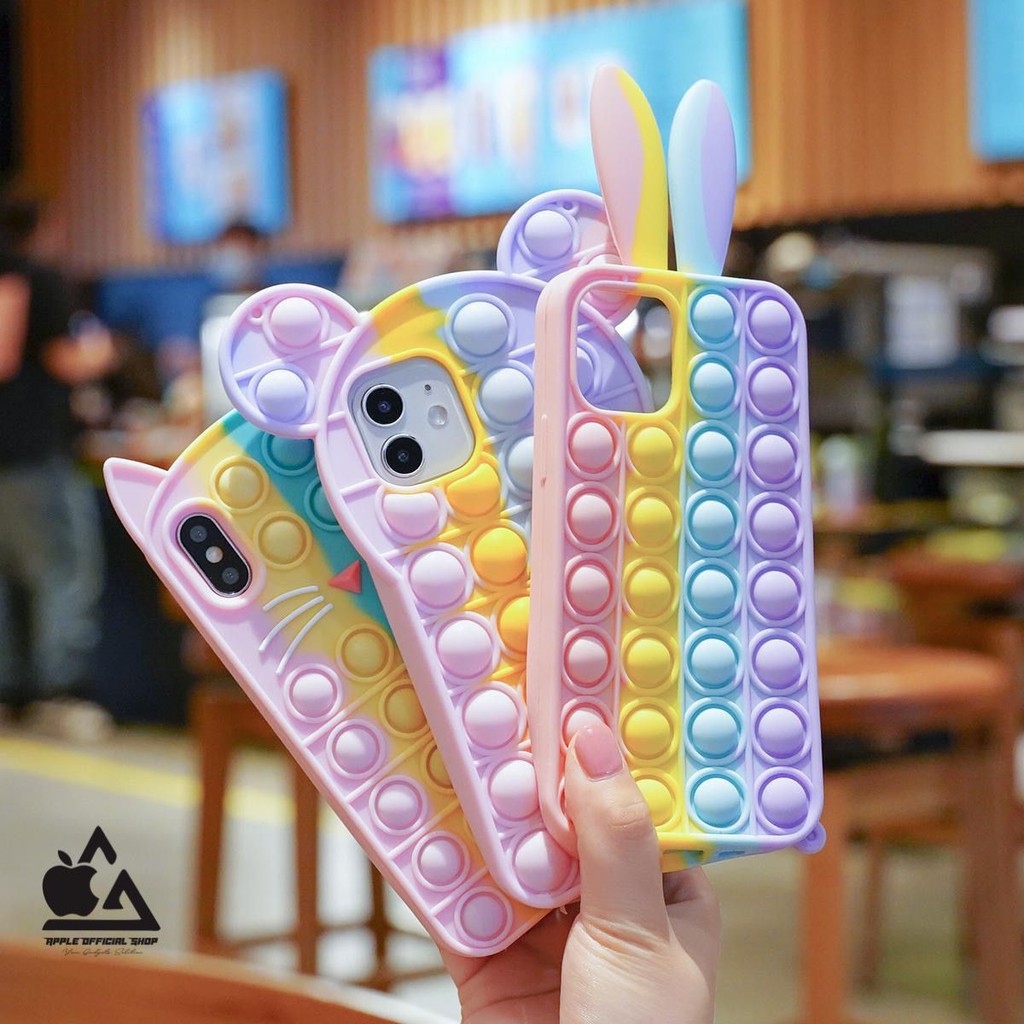 Silikon Case Lucu POP IT iPhone 6 XR X/XS 11 11PRO 12 12PRO Rainbow 3D Bunny Cat Mickey Push Bubble Fidge