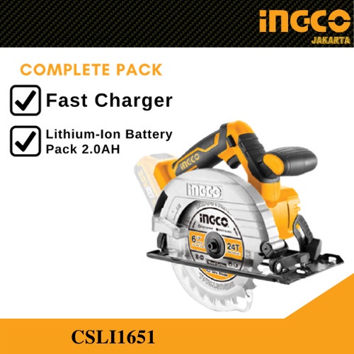 MESIN CIRCULAR SAW CORDLESS 20V PACK 2.0AH BATERAI INGCO CSLI1651 GERGAJI SIRKEL