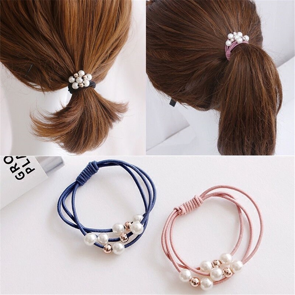 Ikat Rambut Korea Elastis manik Rubber Band Pearl Mutiara 3 tali kunciran aksesoris rambut import