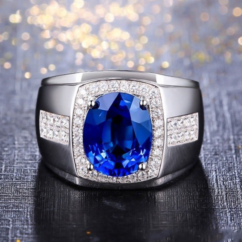 Cincin Silver Desain Batu AAA Biru Hias Kristal Zirconia AAA untuk Pria / Pernikahan