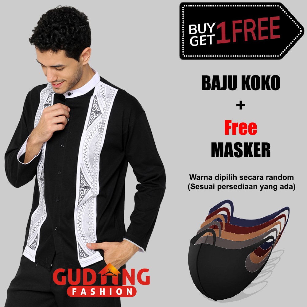 Koko Panjang Bordir Baju Kemeja Pria Muslim Plus Free Masker