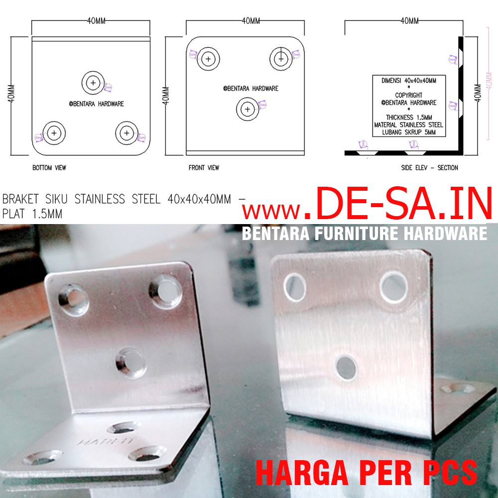 40MM Siku Persegi Stainless Braket Siku 40 x 40 x 40MM Stainless Steel - Plat 1.5MM